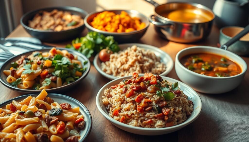 A warm, inviting meal spread with an assortment of budget-friendly dishes: a hearty pasta bake with vegetables, a simple yet flavorful rice and beans, a colorful salad with fresh greens and vibrant toppings, and a comforting soup or stew simmering in the background. The lighting is soft and natural, casting a cozy glow over the scene. The composition is balanced, with the dishes arranged in a visually appealing way, inviting the viewer to imagine sitting down to a delicious and affordable home-cooked dinner. The overall atmosphere conveys the ease and simplicity of preparing nourishing meals without breaking the bank.