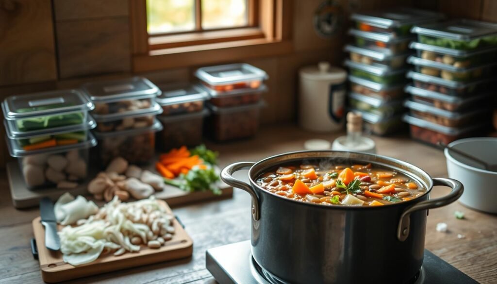 A warm, rustic kitchen scene. In the foreground, a large pot of simmering bean soup, steam rising, filled with vibrant vegetables and herbs. In the middle ground, a cutting board with freshly chopped onions, carrots, and celery, ready to be added. The background features meal prep containers, neatly stacked, waiting to be filled with the nutritious soup. Soft, natural lighting filters through the window, casting a cozy glow. The overall atmosphere is one of nourishment, efficiency, and the comforting aroma of a homemade meal.