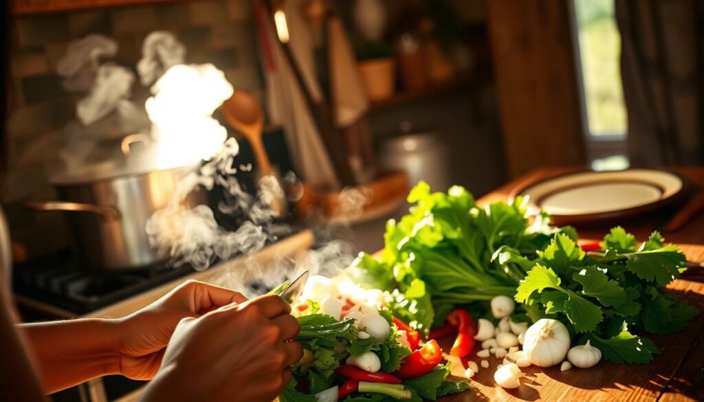 A warm, sun-drenched kitchen in the Caribbean. A large pot simmers on the stove, steam rising and mingling with the aroma of earthy callaloo greens. In the foreground, a woman's hands skillfully chop and prepare the fresh, vibrant ingredients - leafy callaloo, aromatic onions, pungent garlic, and vibrant red bell peppers. The scene is bathed in a soft, golden light, highlighting the textures and colors of the traditional ingredients. In the background, a wooden table is set with a simple, rustic place setting, ready to receive the nourishing, nutrient-packed callaloo soup. The atmosphere is one of comfort, tradition, and the comforting flavors of the Caribbean.