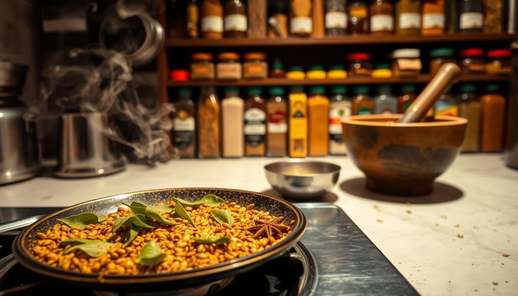 A well-equipped kitchen with various tempering techniques on display. In the foreground, a stovetop with sizzling mustard seeds, curry leaves, and asafoetida, emitting aromatic wisps of steam. The middle ground features a mortar and pestle filled with fragrant spices, alongside a small bowl of ghee. In the background, a neatly organized spice rack showcases an array of Indian spices, each jar labeled with its name. The lighting is warm and inviting, casting a soft glow over the scene, capturing the essence of traditional Indian cooking methods. The overall atmosphere evokes a sense of culinary expertise and the rich heritage of Indian cuisine.
