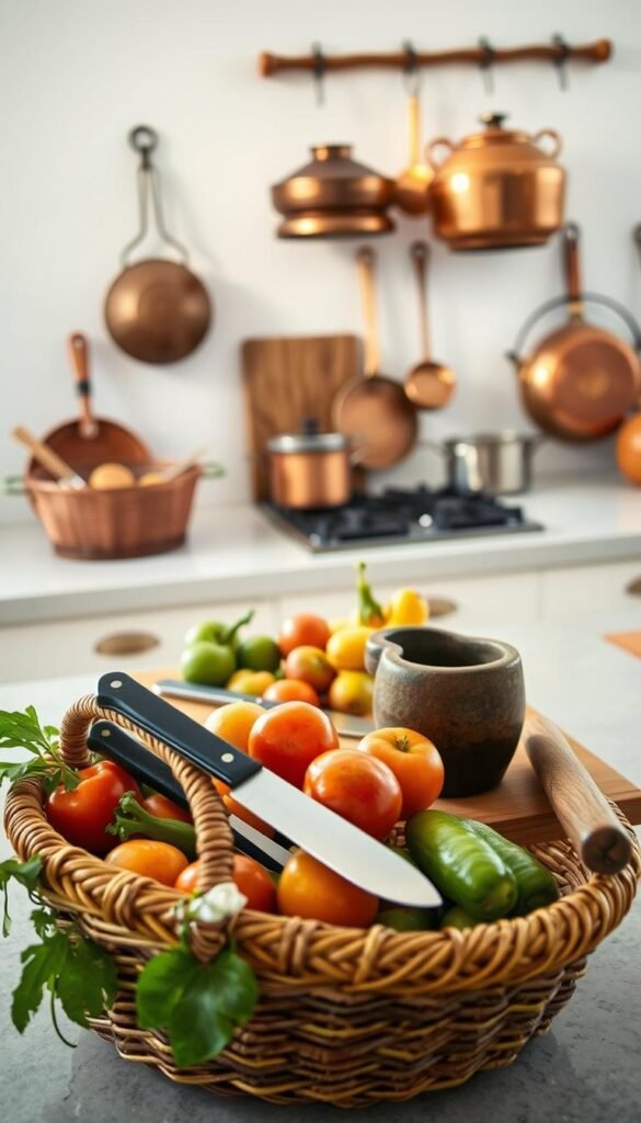 A well-lit, airy Caribbean kitchen countertop, showcasing an assortment of traditional island cooking tools. In the foreground, a vibrant, hand-woven basket overflows with ripe tropical fruits and vegetables. In the middle ground, a wooden cutting board displays a collection of sharp knives, a heavy mortar and pestle, and a sturdy rolling pin. In the background, traditional copper pots and pans hang from rustic iron hooks, casting a warm, inviting glow. The scene is bathed in soft, natural light, evoking the relaxed, laid-back atmosphere of a Caribbean home kitchen, ready to inspire and guide the curious beginner cook on their culinary adventure.