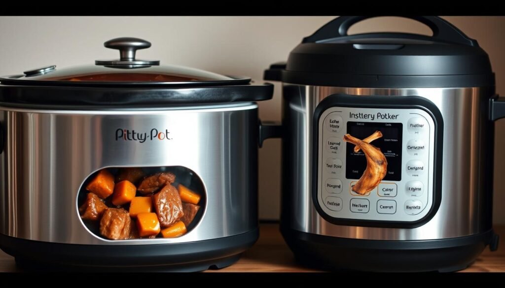 A well-lit and detailed slow cooker and pressure cooker, showcasing Caribbean oxtail recipes. The slow cooker has a rich, thick stew bubbling away, with tender oxtail chunks and aromatic vegetables. The pressure cooker displays perfectly cooked oxtail that falls off the bone, bathed in a flavorful sauce. The scene is set against a neutral background, highlighting the contrast between the two cooking methods and the mouthwatering results they produce. Warm, earthy tones create a comforting, homey atmosphere. The composition emphasizes the central appliances, while subtly suggesting the final dishes.