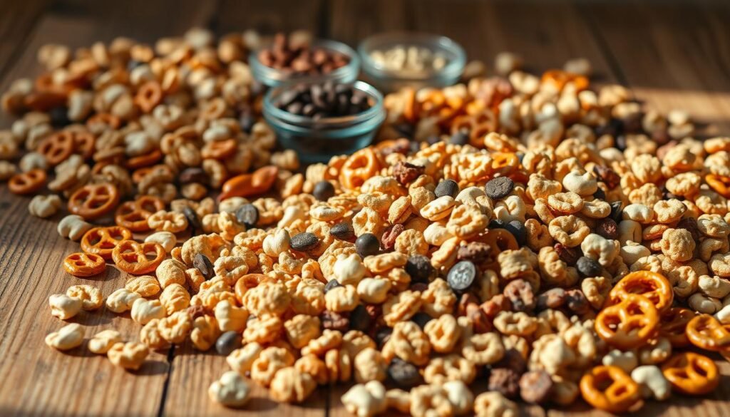 A well-lit close-up shot of a rustic wooden table, its surface scattered with an assortment of enticing cereal snack mix ingredients. In the foreground, a variety of cereals, nuts, pretzels, and dried fruits are neatly arranged, their textures and colors creating a visually appealing composition. The middle ground features a few small glass bowls filled with additional mix-in options, such as seeds, chocolate chips, and spices. Soft, natural lighting casts gentle shadows, highlighting the depth and details of the scene. The overall mood is warm, inviting, and inspiring, capturing the essence of homemade snack mix recipes.