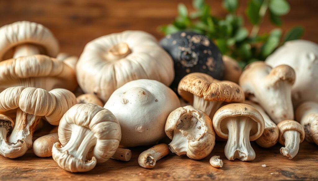 A well-lit, high-resolution close-up image of an assortment of fresh, organic mushrooms arranged on a wooden surface. The mushrooms should include a variety of types, such as shiitake, oyster, and crimini, showcasing their different shapes, textures, and colors. In the foreground, display the mushrooms' key nutrients and health benefits, such as vitamins, minerals, and antioxidants, with clean, modern typography. The background should have a warm, natural tone, perhaps with a hint of greenery or earthy elements to reinforce the mushrooms' connection to nature. The overall composition should be visually appealing, highlighting the nutritional value and the beauty of these culinary treasures.