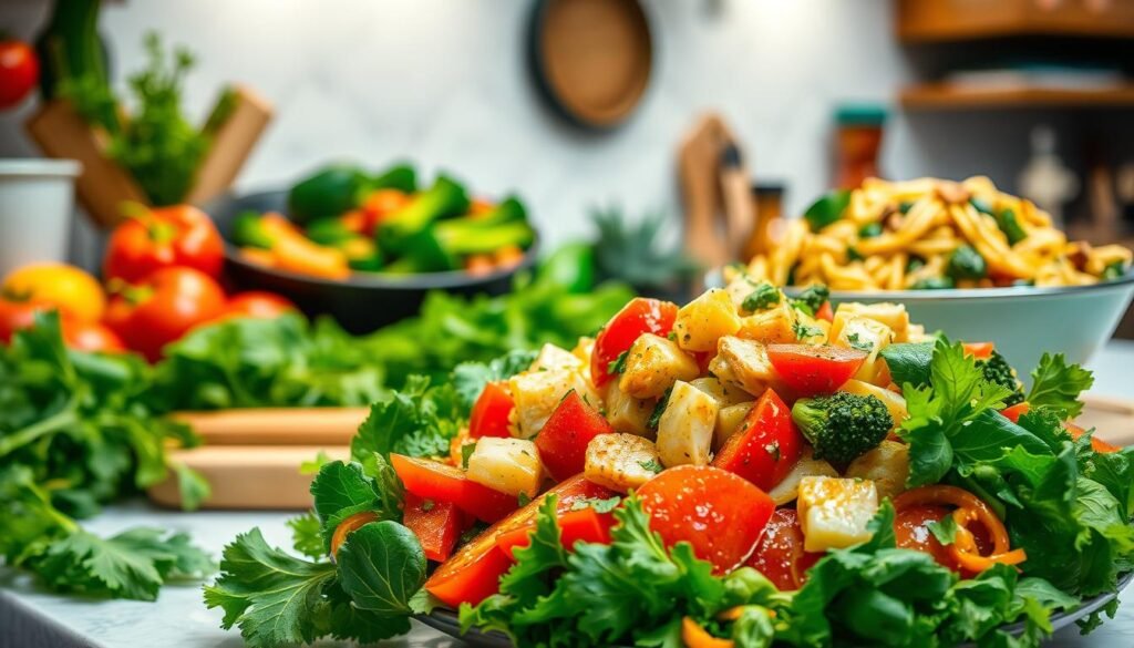 A well-lit kitchen counter, filled with an array of fresh, vibrant ingredients - crisp vegetables, succulent proteins, and flavorful herbs. In the foreground, a colorful salad bursting with leafy greens, juicy tomatoes, and crunchy bell peppers, dressed in a light, zesty vinaigrette. In the middle ground, a pan sizzles with a stir-fry of lean chicken, tender broccoli, and aromatic garlic and ginger. In the background, a whole-grain pasta dish, tossed with a creamy, nutrient-dense sauce of Greek yogurt, spinach, and roasted red peppers. The scene exudes a warm, inviting atmosphere, capturing the essence of healthy, quick-to-prepare dinner options.