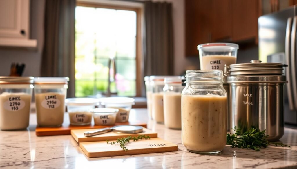 A well-lit kitchen counter, gleaming with stainless steel appliances. In the foreground, a mason jar filled with homemade cream of chicken soup, its creamy texture visible through the glass. Surrounding the jar, an assortment of storage containers in various sizes, each labeled with the date of preparation. The middle ground features a cutting board with fresh herbs, perhaps thyme or parsley, ready to be added to the soup when reheating. In the background, a window overlooking a tranquil garden, bathed in soft, natural light, creating a cozy, comforting atmosphere. The overall scene conveys the importance of proper storage and reheating techniques for ensuring the freshness and flavor of the homemade soup.