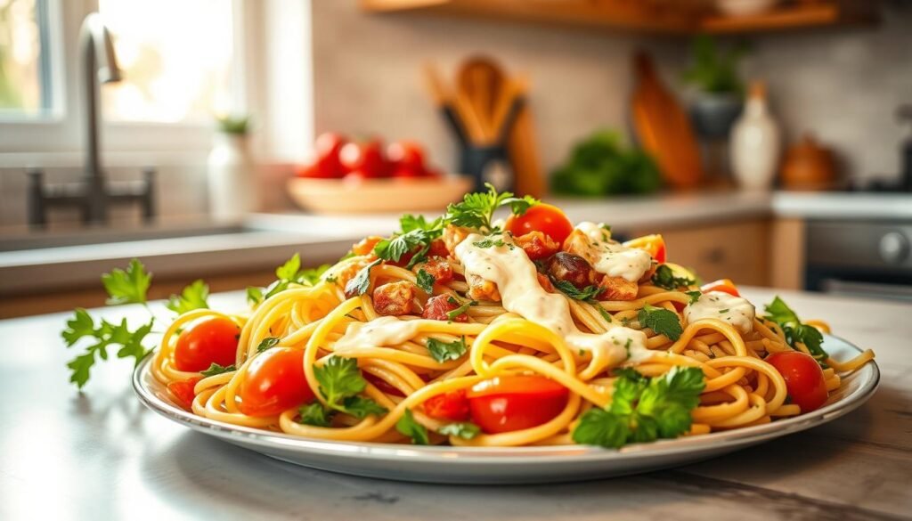 A well-lit kitchen counter showcases a platter of freshly made cold pasta salad, with colorful vegetables, bright herbs, and a creamy dressing drizzled over the al dente noodles. The salad is artfully arranged, with a focus on visual appeal and a balanced flavor profile. The camera angle captures the dish from a slightly elevated perspective, highlighting the textures and colors of the ingredients. The scene is bathed in warm, natural lighting, creating a cozy and inviting atmosphere. The pasta salad appears vibrant and appetizing, inviting the viewer to imagine the satisfying and nutritious flavors within.