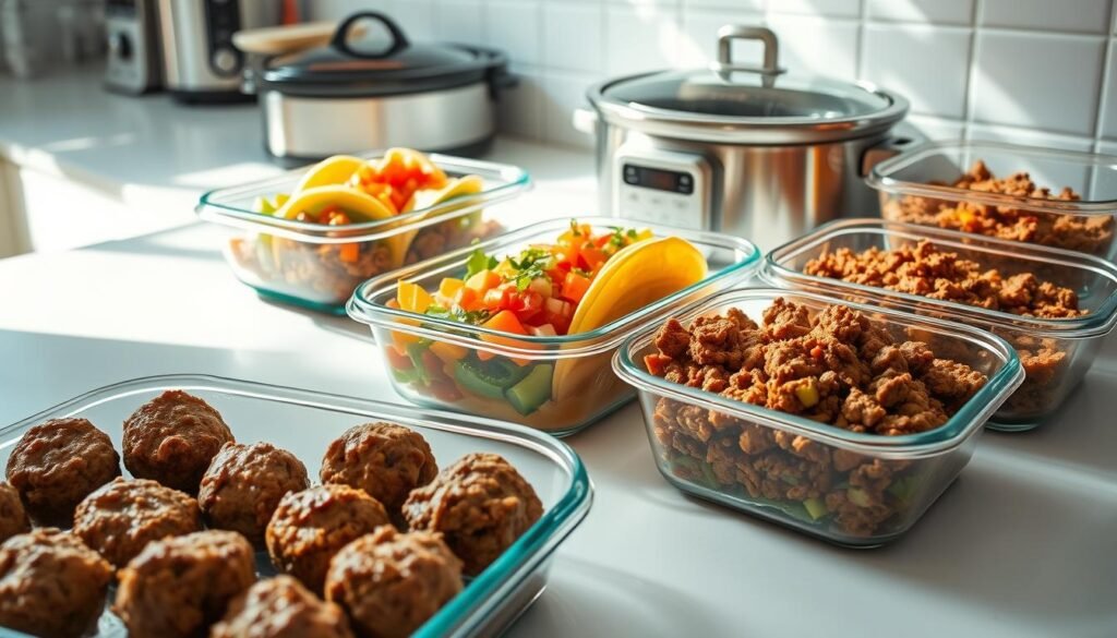 A well-lit kitchen countertop, meticulously arranged with various meal prep containers filled with ground beef dishes. In the foreground, a tray of perfectly portioned meatballs, their rich brown exterior glistening under soft, natural lighting. Beside it, a container of vibrant ground beef tacos, the toppings artfully layered. In the middle ground, a glass dish showcases a hearty ground beef and vegetable stir-fry, the beef seared to perfection. In the background, a slow cooker simmers with a savory ground beef stew, the aroma wafting through the room. The overall scene conveys a sense of organization, efficiency, and delicious, wholesome meal options.