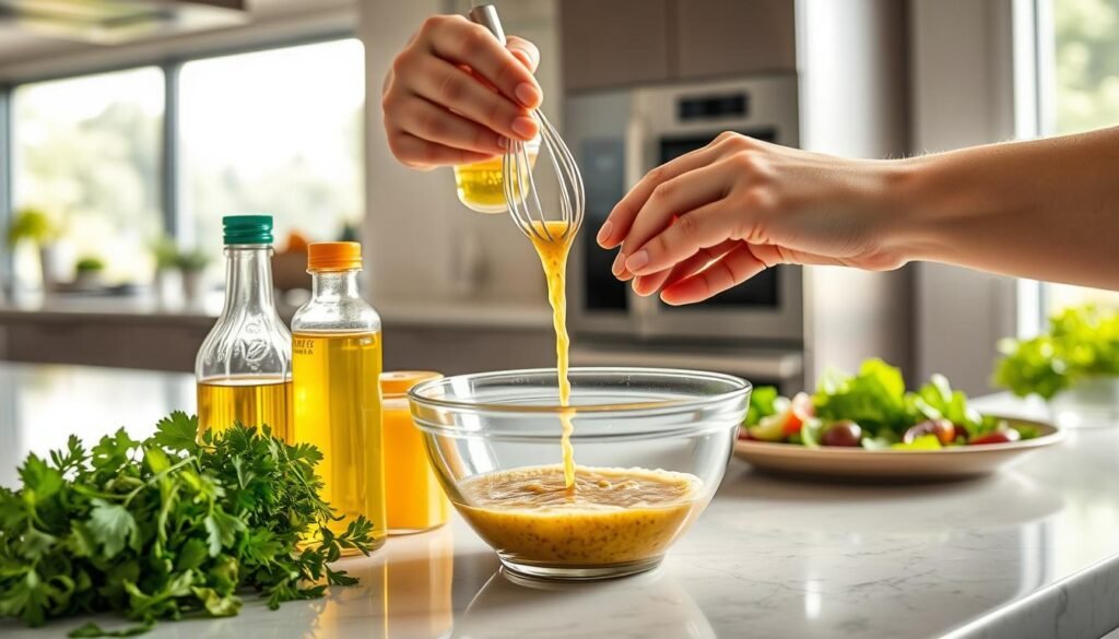A well-lit kitchen countertop with various salad dressing ingredients neatly arranged - fresh herbs, olive oil, vinegar, mustard, and a whisk ready for mixing. In the foreground, hands carefully measure and pour the ingredients into a glass bowl, creating a vibrant, emulsified dressing. The background features a sleek, modern kitchen with stainless steel appliances, natural light filtering in through large windows, and a hint of fresh greens, suggesting the dressing's final destination on a crisp, colorful salad.