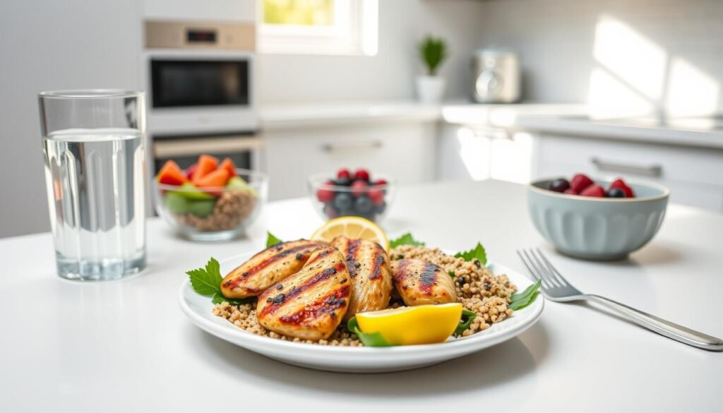 A well-lit, minimalist kitchen counter with a healthy, protein-rich lunch laid out. In the foreground, a plate with grilled chicken, a side of quinoa salad, and a wedge of fresh lemon. Nearby, a glass of water and a small bowl of mixed berries. The mid-ground features a clean, white background, while the background showcases a glimpse of natural light streaming in through a window, creating a warm, inviting atmosphere. The overall composition evokes a sense of balance, simplicity, and nutritious, time-saving sustenance.