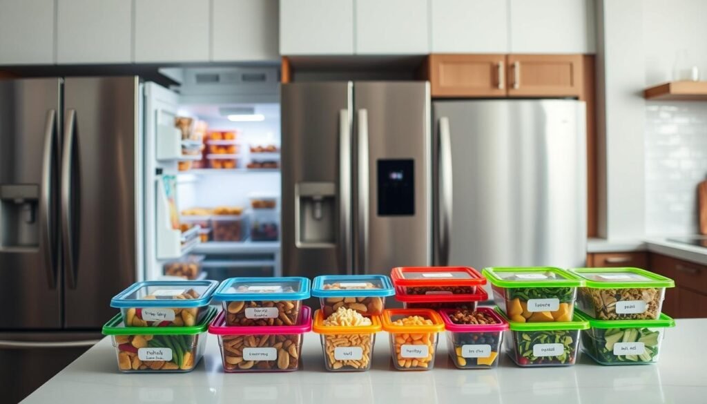 A well-lit, minimalist kitchen scene featuring an open freezer door, revealing neatly organized containers of various freezer meal ideas. In the foreground, a set of colorful, labeled meal prep containers line the counter, showcasing a variety of healthy, homemade dishes. The middle ground displays a sleek, stainless steel refrigerator and other modern kitchen appliances, while the background features a clean, white tile backsplash and simple, wooden cabinetry. The overall mood is one of efficiency, organization, and a streamlined, time-saving approach to meal preparation, conveying the notion of "Quick and Easy Dinner Recipes to Save Your Day."