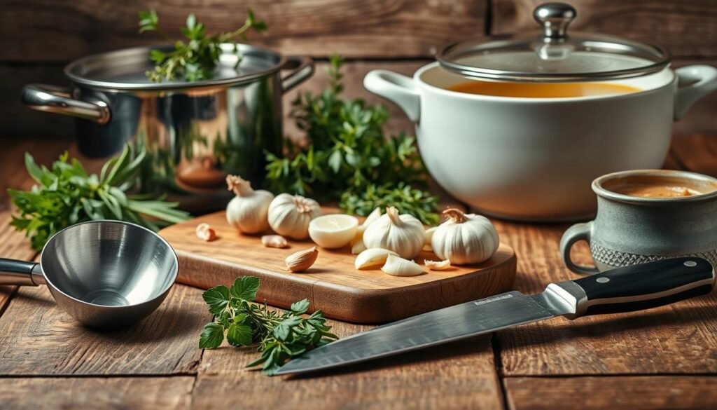 A well-lit still life scene of essential soup-making tools arranged artfully on a rustic wooden table. In the foreground, a gleaming stainless steel ladle, a large soup pot, and a sturdy chef's knife. In the middle ground, a wooden cutting board with aromatic herbs, garlic, and onions. In the background, a vintage soup tureen, a bundle of fresh thyme, and a steaming pot of fragrant broth. The lighting is soft and even, highlighting the textures and colors of the ingredients. The composition is balanced and visually appealing, evoking a sense of homemade comfort and culinary expertise.