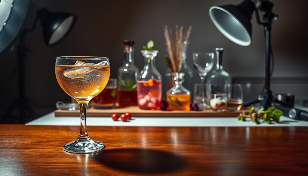 A well-lit, vibrant scene showcasing various lighting techniques for capturing stunning drink photos. In the foreground, an elegant cocktail glass sits atop a polished wooden surface, its contents illuminated by a soft, directional light source. In the middle ground, a collection of glassware, botanicals, and reflective surfaces create a visually captivating arrangement, with delicate highlights and shadows accentuating their forms. The background features a neutral, slightly textured backdrop, allowing the subject to take center stage. The overall lighting setup emphasizes depth, texture, and the alluring qualities of the drinks, creating a mood that is both inviting and sophisticated.