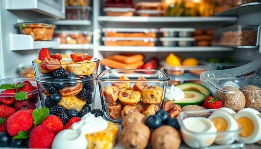 A well-stocked freezer-friendly keto breakfast featuring an array of nutrient-dense ingredients. In the foreground, a glass container holds prepared keto-friendly breakfast bites - perhaps protein-rich bacon and egg cups or low-carb frittata squares. Surrounding the container, an assortment of fresh berries, sliced avocado, and dollops of full-fat yogurt or cottage cheese. In the middle ground, a variety of grab-and-go options like pre-cooked sausage patties, hard-boiled eggs, and individually wrapped keto-friendly muffins or energy bites. The background showcases the open freezer, with shelves neatly organized and stocked with additional meal prep containers, frozen keto-friendly fruits and vegetables. Natural lighting casts a warm, inviting glow over the scene, highlighting the vibrant colors and textures of the keto-friendly breakfast items.