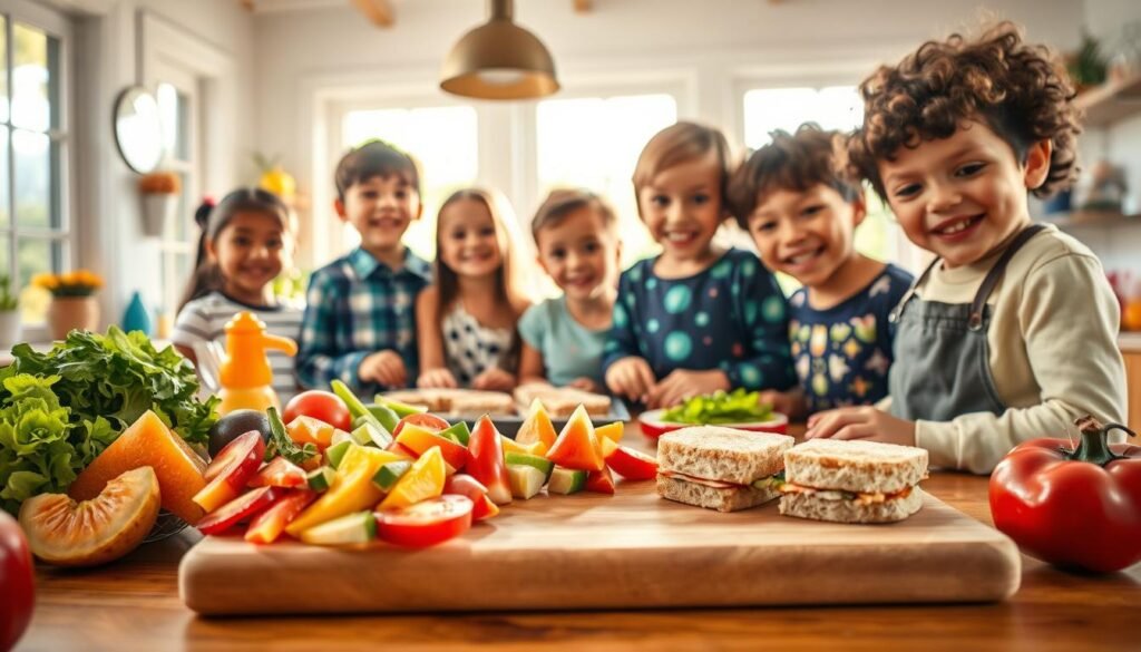A whimsical scene of a brightly lit kitchen, showcasing a variety of delectable lunch options for kids. In the foreground, a wooden cutting board displays an array of colorful, kid-friendly ingredients: sliced fruits, vibrant vegetables, and easy-to-assemble sandwiches. In the middle ground, a group of smiling children enthusiastically participate in the meal preparation, their faces alight with excitement. The background features a cheerful, airy space with large windows, allowing natural light to pour in and create a warm, inviting atmosphere. The overall mood is playful, encouraging, and inspiring, capturing the spirit of nourishing and engaging kids with delicious, homemade lunch options.