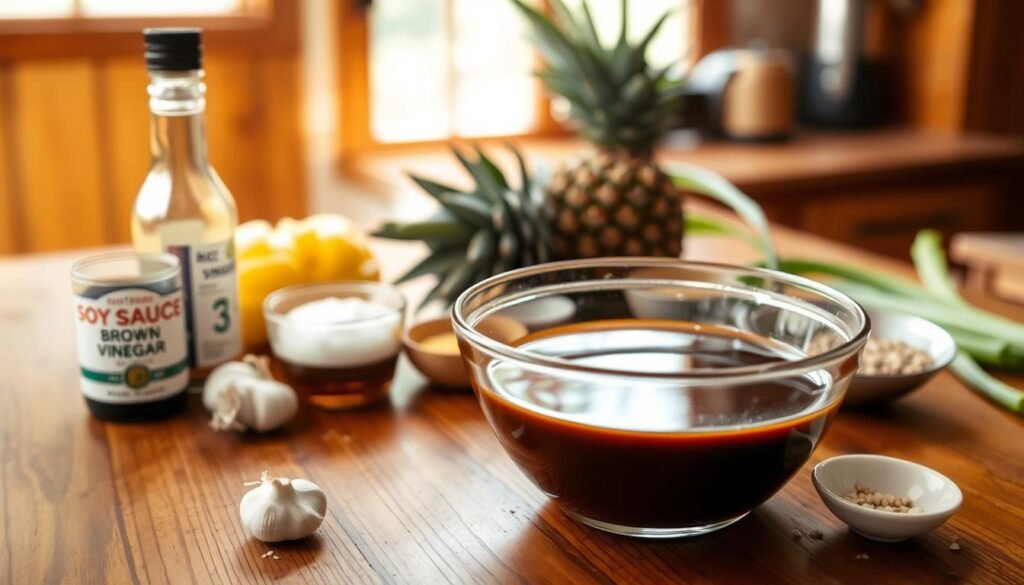 A wooden table in a warm, cozy kitchen. On the tabletop, a glass bowl filled with a rich, glossy brown teriyaki sauce, surrounded by fresh ingredients - soy sauce, rice vinegar, brown sugar, garlic, ginger, and sesame seeds. Soft, natural lighting filters through the window, casting a gentle glow on the scene. In the background, a blurred view of a pineapple and some green onions, hinting at the fusion of flavors to come. The overall atmosphere is one of inviting, homemade comfort, perfectly suited for the "Pineapple Teriyaki Chicken: A Fusion Experience" culinary adventure.
