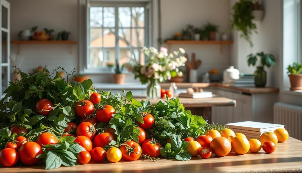 An airy, sunlit kitchen filled with the vibrant colors and fresh aromas of spring. In the foreground, a bountiful array of seasonal produce - crisp greens, ruby-red tomatoes, fragrant herbs, and zesty citrus fruits. Gently lifted by soft, diffused lighting, casting warm shadows and highlights that accentuate the natural textures. In the middle ground, an elegant wood table set with a simple, tasteful table setting - a vase of wildflowers, a stack of recipe books, and a few simple kitchen tools. The background features an open window, letting in the gentle breeze and dappled sunlight of a spring day, creating a serene, tranquil atmosphere perfect for crafting delightful seasonal recipes.