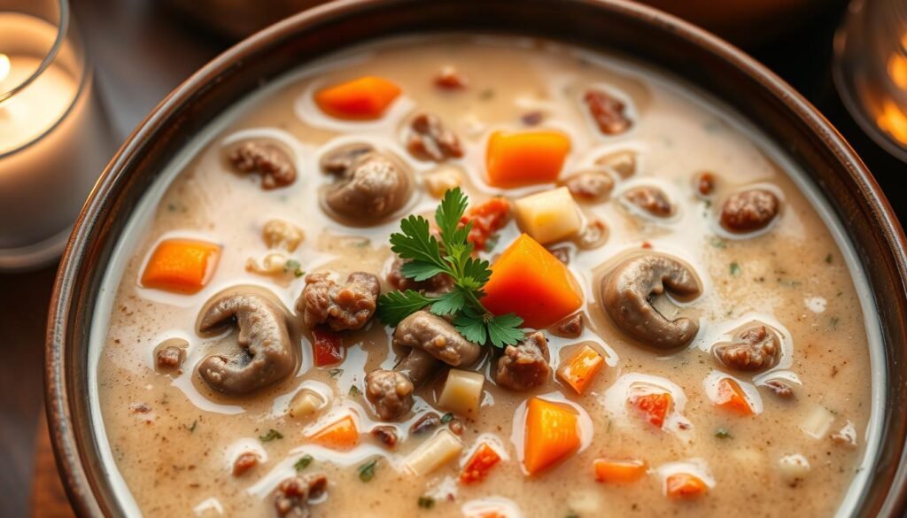 An appetizing bowl of creamy ground beef and mushroom soup, steaming hot and ready to serve. The savory broth is thick and velvety, infused with the rich flavors of seared ground beef, tender mushrooms, and a blend of aromatic herbs and spices. Diced carrots and celery add a pop of color and texture, while a garnish of freshly chopped parsley adds a touch of freshness. The scene is illuminated by warm, soft lighting, casting a cozy and inviting atmosphere. The camera angle showcases the soup's depth and texture, drawing the viewer in with its irresistible aroma and tempting appearance.