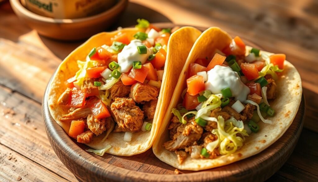 An appetizing plate of classic Mexican chicken tacos, featuring tender, seasoned chicken nestled in soft corn tortillas. The tacos are garnished with a vibrant mix of fresh diced tomatoes, crisp shredded lettuce, diced onions, and a generous dollop of creamy sour cream. The scene is bathed in warm, natural lighting, casting a cozy, inviting atmosphere. The tacos are placed on a rustic wooden surface, with a subtle background of earthy textures and neutral tones to accentuate the vibrant colors of the dish. The overall composition evokes the authentic flavors and traditions of Mexican cuisine, making this an enticing and mouthwatering image.