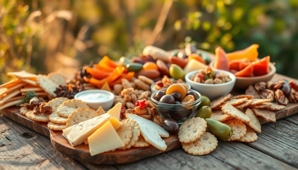 Appealing assortment of unique snack pairings arranged artfully on a rustic wooden surface, bathed in warm, natural lighting. Foreground features an array of gourmet crackers, cheese wedges, dried fruits, candied nuts, and artisanal dips. Midground showcases an interesting mix of pickled vegetables, olives, and cured meats. Background hints at a serene, countryside setting with subtle greenery and earthy textures. The composition evokes a sense of elevated, yet approachable indulgence, inviting the viewer to experiment with unexpected flavor combinations. Appealing assortment of unique snack pairings arranged artfully on a rustic wooden surface, bathed in warm, natural lighting. Foreground features an array of gourmet crackers, cheese wedges, dried fruits, candied nuts, and artisanal dips. Midground showcases an interesting mix of pickled vegetables, olives, and cured meats. Background hints at a serene, countryside setting with subtle greenery and earthy textures. The composition evokes a sense of elevated, yet approachable indulgence, inviting the viewer to experiment with unexpected flavor combinations.