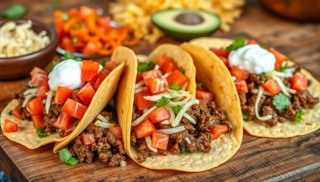 Appetizing ground beef tacos with crisp corn tortillas, simmered in a blend of spices, topped with vibrant diced tomatoes, shredded lettuce, and a dollop of creamy sour cream. The tacos are set against a rustic wooden table, bathed in warm, natural lighting that brings out the rich colors and textures. In the background, a hint of additional taco ingredients, such as shredded cheese and sliced avocado, suggests a well-stocked taco spread ready to be assembled and enjoyed.