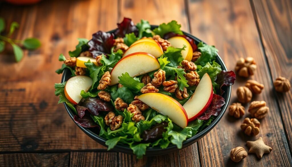 Autumn Harvest Salad with Apples and Walnuts: A vibrant and appetizing scene on a rustic wooden table, featuring a colorful salad bowl brimming with crisp greens, juicy apple slices, and crunchy walnuts. Warm, soft lighting from overhead casts a cozy glow, highlighting the rich autumnal hues. Textural contrast is achieved through the interplay of delicate leafy greens, the firm bite of apple wedges, and the toasted crunch of walnuts. Arranged artfully, the salad components appear fresh and inviting, ready to be savored as part of a Thanksgiving feast. The overall mood is one of abundance, comfort, and the celebration of seasonal flavors.