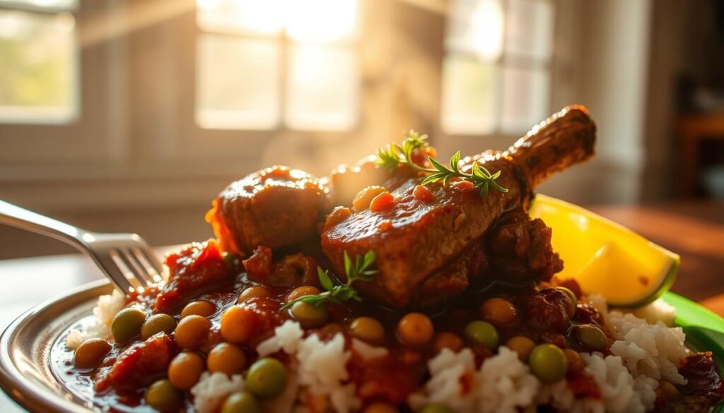 Barbadian oxtail stew simmering in a rich, aromatic gravy, served over a bed of fluffy white rice and piping hot peas. The oxtail meat falls off the bone with the gentle caress of a fork, its deep, savory flavors complemented by the earthy sweetness of the peas. Sunlight streams through a large window, casting a warm, golden glow over the dish, revealing its mouthwatering presentation. A few sprigs of fresh thyme and a wedge of lime add the final touches, inviting the viewer to dive into this ultimate Caribbean comfort food experience.