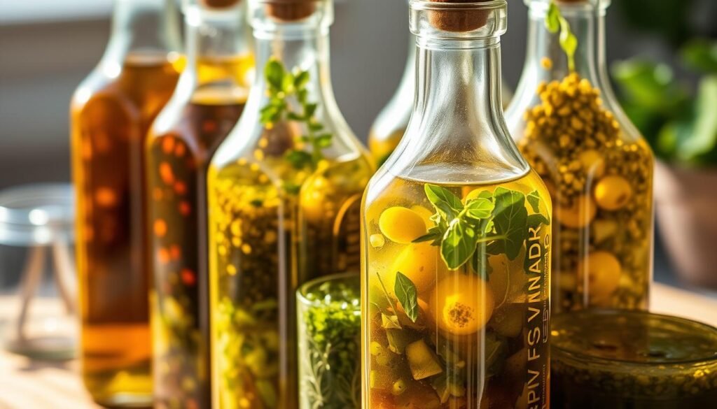 Carefully arranged glass bottles filled with homemade vinaigrette dressings, the vibrant colors of olive oil, balsamic, and herbs capturing the essence of a well-dressed chopped salad. Soft natural lighting casts a warm glow, highlighting the intricate textures and layered ingredients within each bottle. The scene evokes a sense of freshness, elegance, and the art of crafting the perfect salad accompaniment.