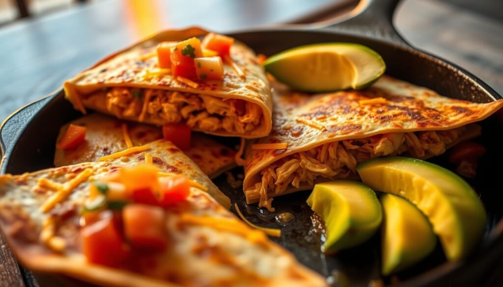 Cheesy chicken quesadillas sizzling on a cast-iron skillet, golden-brown tortillas stuffed with shredded chicken, melted cheddar and Monterey jack cheeses, accompanied by fresh pico de gallo and creamy avocado slices. The scene is illuminated by warm, golden lighting, casting a cozy, inviting atmosphere. The camera angle is low, emphasizing the delicious details and enticing the viewer to take a bite. Textural elements like the crisp tortilla edges and gooey cheese pulls add depth and dimension to the image. The overall composition is balanced, highlighting the key ingredients in an appetizing, family-friendly presentation.