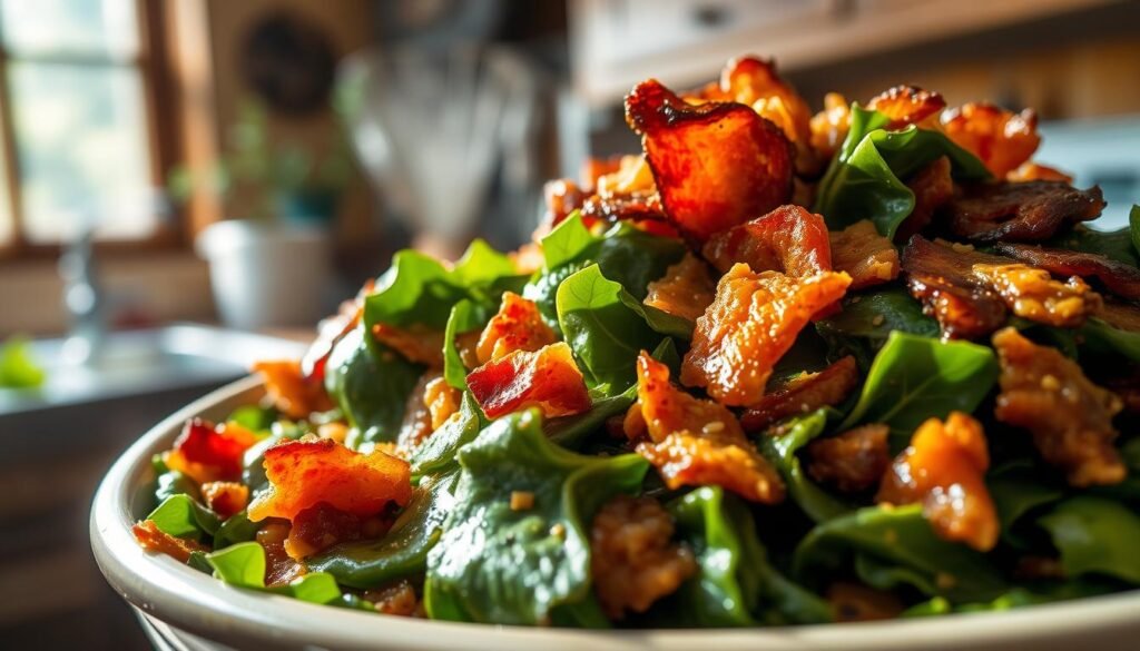 Collard greens simmered with crisp, golden-brown bacon, casting a savory aroma in a rustic farmhouse kitchen. Sunlight filters through the window, illuminating the lush, vibrant leaves and the glistening, caramelized pork. The scene evokes the comforting flavors and traditions of an iconic Southern Thanksgiving feast, a beloved staple destined to captivate family and friends alike. The composition showcases the dish in a visually striking, appetizing manner, inviting the viewer to experience the rich, umami-packed flavors and the warm, homey atmosphere of this quintessential holiday side.