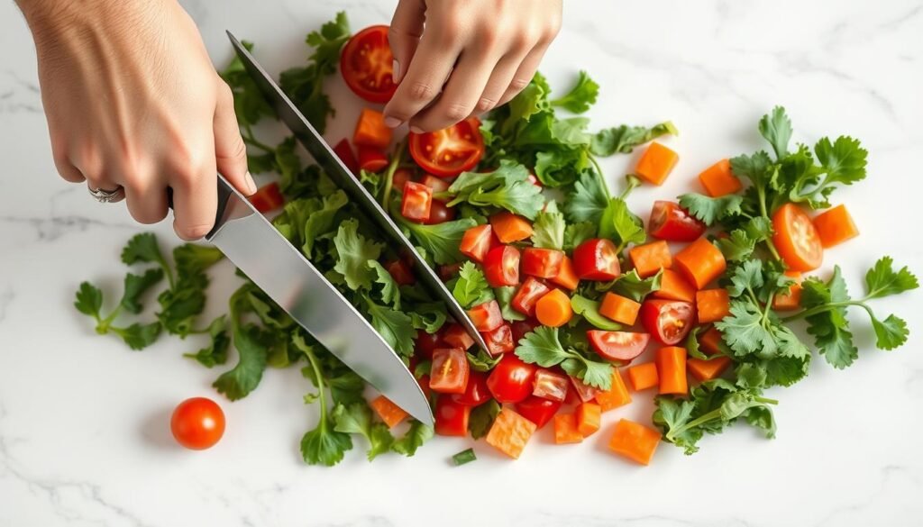 Crisp, fresh vegetables being expertly chopped on a pristine white marble countertop, bathed in soft, even lighting that casts subtle shadows. Blades glinting as they effortlessly slice through leafy greens, juicy tomatoes, and crunchy carrots, creating perfectly uniform pieces. The camera angle is angled slightly from above, providing a clear, unobstructed view of the chopping technique. A calming, focused atmosphere pervades the scene, emphasizing the precision and care required to craft the ideal chopped salad.