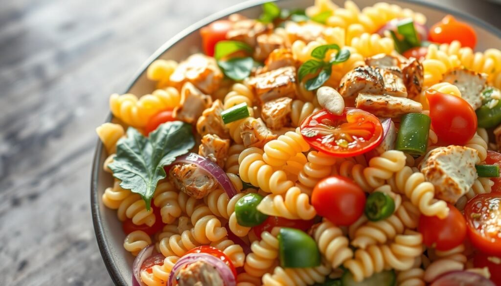 Crisp summer day, a chilled pasta salad takes center stage. Vibrant rotini noodles, tender pieces of grilled chicken, and a rainbow of fresh vegetables - bell peppers, cherry tomatoes, cucumber, and red onion. The salad is dressed in a light, tangy vinaigrette, its flavors complemented by the crunch of toasted pine nuts. Soft, diffused lighting casts a gentle glow, highlighting the salad's textures and colors. The image is captured from a bird's-eye view, showcasing the medley of seasonal ingredients that elevate this simple yet sophisticated dish.