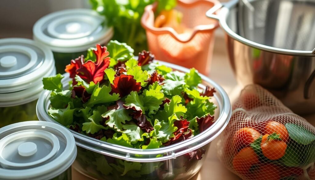 Crisp, vibrant salad greens nestled in an airtight glass container, bathed in soft natural light. Freshly washed and gently patted dry, the leaves retain their vibrant hues and crisp texture. Surrounding the salad, an array of reusable storage accessories - silicone lids, mesh produce bags, and a stainless steel colander - creating an organized, efficient salad prep station. The scene conveys a sense of freshness, sustainability, and practical solutions for keeping summer salads at their best, ready to be served and enjoyed.