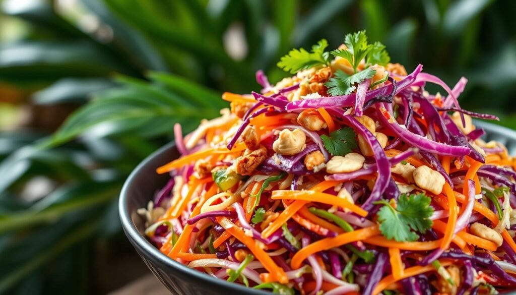 Crunchy Caribbean cabbage salad, vibrant and textural, against a backdrop of lush tropical foliage. Shredded cabbage in a riot of colors - deep purple, crisp green, and sunset orange - dressed in a tangy citrus vinaigrette. Accents of toasted coconut flakes, roasted peanuts, and fresh cilantro add crunch and depth of flavor. Soft, diffused natural light illuminates the scene, casting gentle shadows and highlights the salad's intricate, layered textures. Photographed at a slight angle, drawing the viewer into the lush, inviting composition.