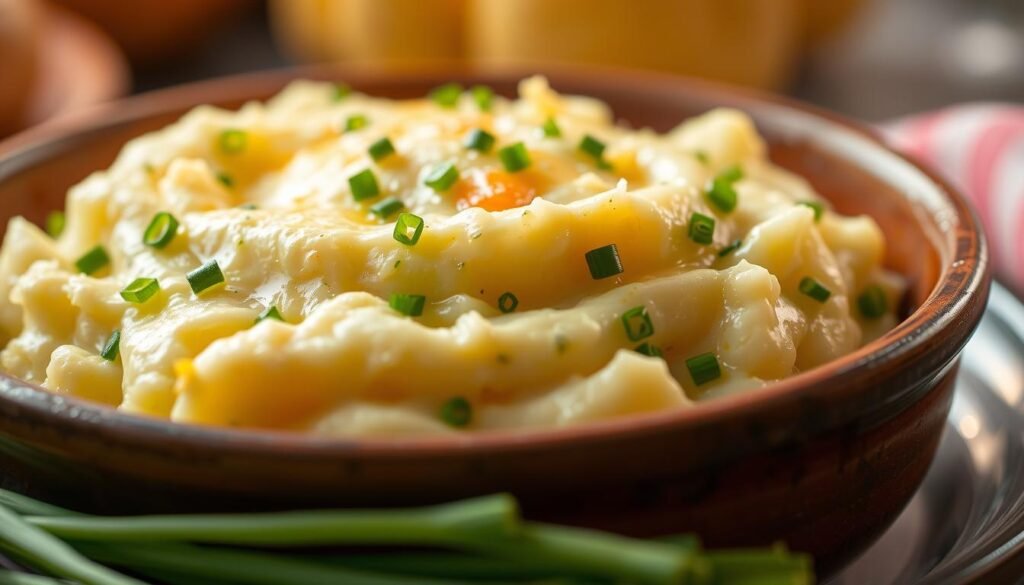 Delectable cheese and chive-infused mashed potatoes, served in a rustic earthenware dish. A generous dollop of creamy, golden-hued potatoes, flecked with vibrant green chives, crowned with glistening melted cheese. The scene is bathed in warm, soft lighting, casting a cozy, inviting glow. Shot from a low angle, the potatoes take center stage, their luxurious texture and decadent flavor palpable. The background is intentionally blurred, keeping the focus solely on this tantalizing Thanksgiving side dish. The overall mood is one of indulgence and comfort, a dish that would surely ignite spirited familial debates over who gets the last bite.
