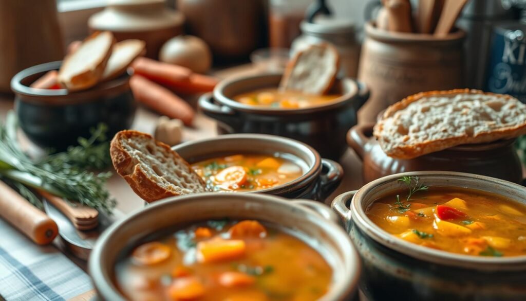 Delectable homemade soups simmering in rustic ceramic bowls, garnished with fresh herbs and crusty bread. A kitchen counter filled with classic soup ingredients - carrots, onions, celery, and hearty stock. Soft, diffused lighting illuminates the scene, casting a warm, comforting glow. The composition focuses on the soup, with the background gently blurred to emphasize the enticing aromas and homey ambiance. Inviting textures and mouthwatering details captivate the senses, evoking the timeless appeal of beloved, time-honored soup recipes.