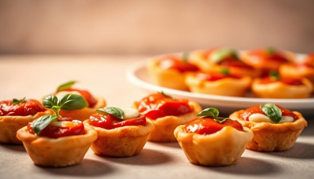 Delectable mini pizza bites, perfectly bite-sized and irresistible. Golden, crispy crusts in the foreground, topped with vibrant tomato sauce, melted mozzarella, and a sprinkle of fresh basil leaves. The middle ground reveals a plate of these tempting morsels, arranged artfully against a neutral, minimalist background, allowing the snacks to take center stage. Soft, warm lighting casts a comforting glow, evoking the cozy, family-friendly atmosphere of a homemade dinner. The overall composition and styling suggest a casual, approachable, and visually appealing finger food that both kids and adults would enjoy.