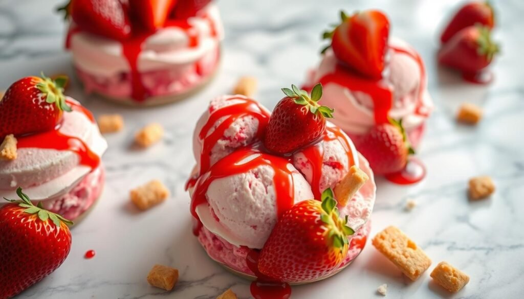 Delectable strawberry ice cream desserts, artfully arranged on a marble counter. Scoop upon scoop of vibrant, ruby-red ice cream, accented with fresh, juicy strawberries. Drizzles of decadent strawberry sauce and crumbles of buttery shortbread cookies add layers of texture and flavor. Soft lighting bathes the scene in a warm, summery glow, highlighting the desserts' alluring sheen. A vintage-inspired aesthetic, with an air of rustic elegance, invites the viewer to indulge in this quintessential summertime treat.