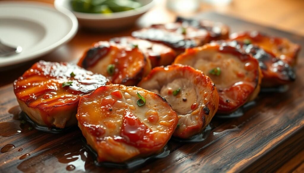 Delicious pork medallions, perfectly marinated in a rich, savory sauce. The medallions are seared to a golden-brown crust, the juices glistening under the warm, soft light. The background is a rustic wooden table, complemented by simple yet elegant dishware, creating a cozy, inviting atmosphere. The image captures the mouthwatering aroma and tender texture of the pork, enticing the viewer to savor every bite. Precise angles and a shallow depth of field draw the eye directly to the succulent medallions, the star of this flavorful pork dish.