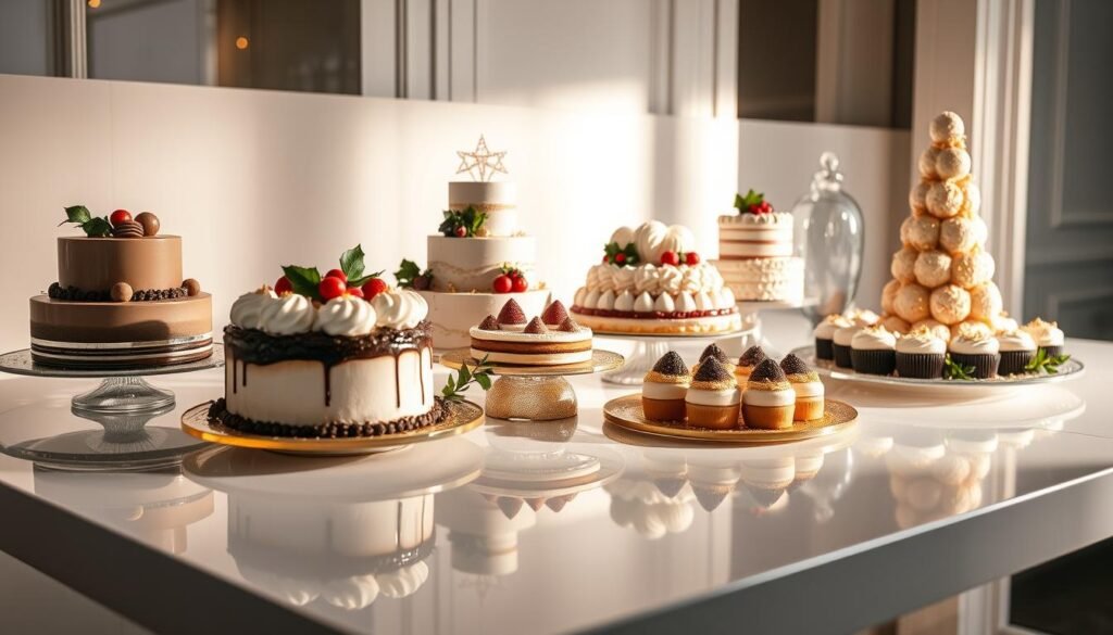 Elegant Christmas dessert display presented on a pristine white table, illuminated by warm, softly diffused lighting. Tempting arrangements of decadent cakes, flawlessly decorated pastries, and towering, glistening confections. Glossy, mirror-like surfaces reflecting the scene. Crisp, minimalist styling with carefully placed sprigs of holly and sprinkles of gold leaf. Dramatic, high-contrast shadows and highlights accentuate the sculptural qualities of the desserts. Serene, sophisticated atmosphere evokes a sense of refined indulgence and holiday splendor. Elegant Christmas dessert display presented on a pristine white table, illuminated by warm, softly diffused lighting. Tempting arrangements of decadent cakes, flawlessly decorated pastries, and towering, glistening confections. Glossy, mirror-like surfaces reflecting the scene. Crisp, minimalist styling with carefully placed sprigs of holly and sprinkles of gold leaf. Dramatic, high-contrast shadows and highlights accentuate the sculptural qualities of the desserts. Serene, sophisticated atmosphere evokes a sense of refined indulgence and holiday splendor.