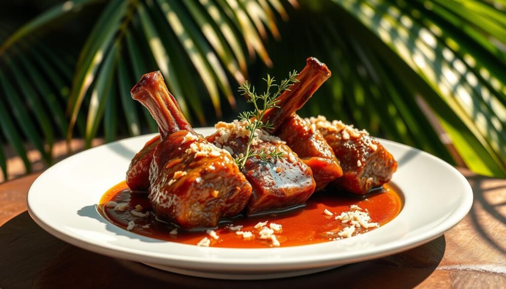 Elegant caribbean oxtail recipes plating: A sumptuous dish presented on a glistening white porcelain plate, with the tender, braised oxtail meat glistening under warm, golden lighting. Garnished delicately with vibrant sprigs of fresh thyme, a drizzle of rich, glossy sauce, and a sprinkle of toasted coconut flakes for a tropical touch. The plate is set against a backdrop of lush, verdant palm leaves, casting soft, dappled shadows. The overall scene exudes a sense of refined, Caribbean-inspired sophistication.