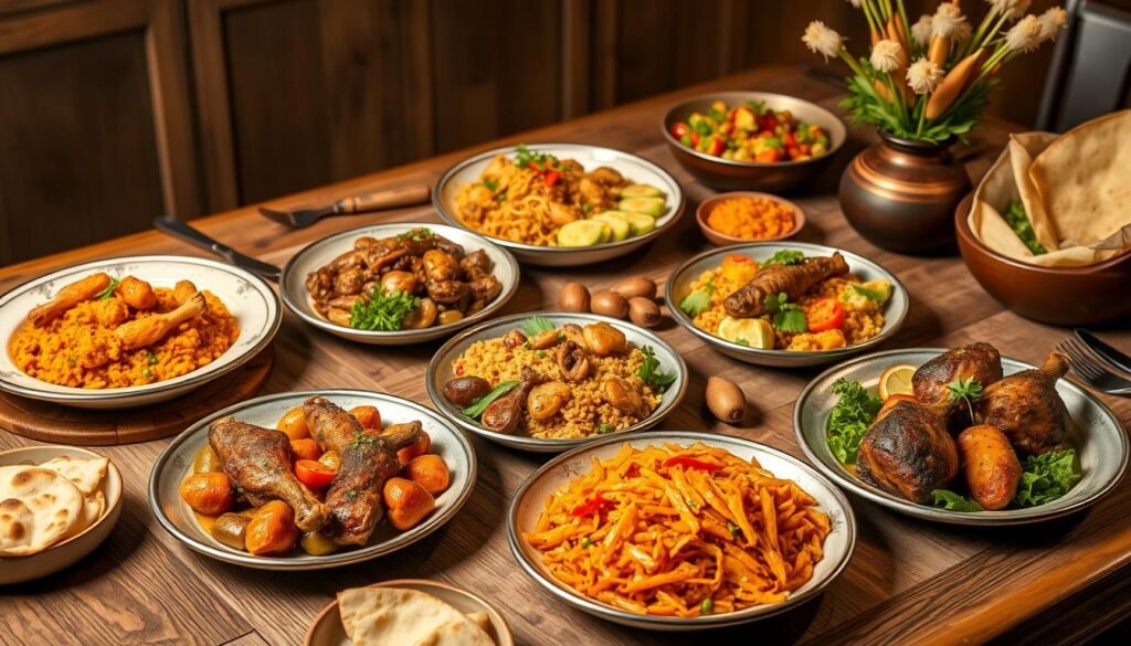 Elegant international easter dinner dishes, beautifully presented on a rustic wooden table. A diverse array of main courses - sizzling tandoori chicken, fragrant vegetable biryani, tender braised lamb shanks, and more. Soft, warm naan bread and vibrant, fresh salads complete the scene. Warm, golden lighting illuminates the spread, casting a cozy, inviting ambiance. Carefully composed, the image captures the mouthwatering essence of global easter culinary traditions coming together in a harmonious feast. Elegant international easter dinner dishes, beautifully presented on a rustic wooden table. A diverse array of main courses - sizzling tandoori chicken, fragrant vegetable biryani, tender braised lamb shanks, and more. Soft, warm naan bread and vibrant, fresh salads complete the scene. Warm, golden lighting illuminates the spread, casting a cozy, inviting ambiance. Carefully composed, the image captures the mouthwatering essence of global easter culinary traditions coming together in a harmonious feast.