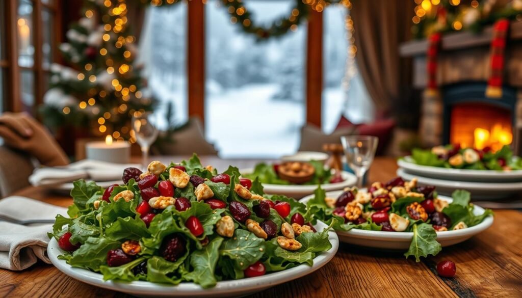 Festive salad recipes set against a warm, cozy winter backdrop. In the foreground, a vibrant mix of greens, pomegranate seeds, roasted beets, and toasted nuts adorned with a light, citrusy dressing. The middle ground features a rustic wooden table, linen napkins, and vintage-inspired dinnerware. The background showcases a snowy landscape through a frosty window, with twinkling lights and a crackling fireplace creating a festive, inviting atmosphere. Soft, diffused lighting casts a gentle glow over the scene, capturing the essence of a memorable holiday gathering.
