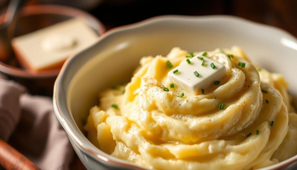 Freezer-Friendly Mashed Potatoes: A creamy, golden-hued mound of fluffy potatoes nestled in a rustic white porcelain bowl, its surface glistening under warm, soft lighting. Garnished with a sprinkling of fresh chives, a pat of rich, melting butter, and a dusting of cracked black pepper. The scene exudes a cozy, homemade atmosphere, inviting the viewer to imagine the comforting flavors and textures. The potatoes are the focal point, their sumptuous appearance hinting at their make-ahead convenience and Thanksgiving-worthy deliciousness. A classic, crowd-pleasing side dish captured in an appetizing and visually enticing manner.