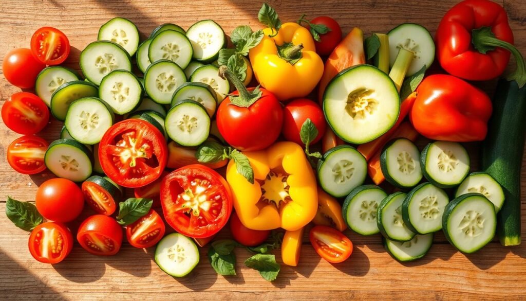 Freshly picked summer vegetables arranged in an enticing pattern - sliced cucumbers, juicy tomatoes, crisp bell peppers, and vibrant zucchini rounds. The produce is artfully displayed on a rustic wooden surface, bathed in warm, natural lighting that casts gentle shadows and highlights the vegetables' vibrant colors. The composition is balanced and visually appealing, creating a sense of Mediterranean simplicity and abundance. The overall mood is one of casual elegance, inviting the viewer to imagine the refreshing salad that could be prepared from these bountiful ingredients.