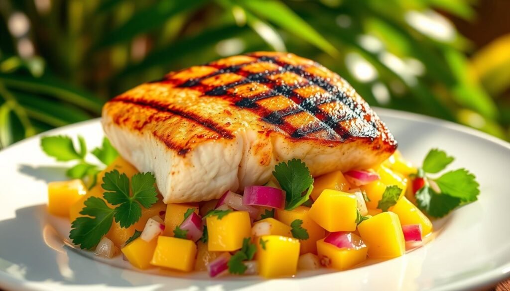 Grilled Mahi-Mahi filet, golden-seared with grill marks, resting atop a vibrant Caribbean-inspired mango salsa. The salsa features diced mango, red onion, cilantro, lime juice, and a hint of spicy jalapeño. Artfully arranged on a white ceramic plate, the dish is illuminated by warm, natural light filtering through tropical foliage in the background. The composition exudes the fresh, flavorful essence of Caribbean cuisine, inviting the viewer to savor the delicious, island-inspired creation.