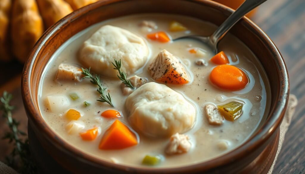 Hearty cream of chicken soup, steaming hot in a rustic earthenware bowl. Chunks of tender chicken, carrots, celery, and onions in a rich, creamy broth. Garnished with fresh thyme sprigs and a sprinkle of black pepper. Soft, pillowy dumplings float atop the soup, inviting a comforting spoonful. The scene is illuminated by warm, natural lighting, casting a cozy glow. Shot from a slight angle to showcase the inviting texture and depth of the dish. The overall atmosphere evokes a homey, traditional feel, perfect for a comforting variation of classic cream of chicken soup.