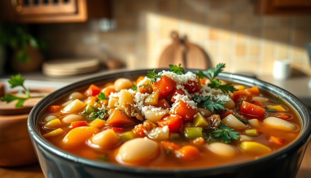 High-quality vegetarian bean soup with an array of colorful vegetables, including carrots, celery, onions, and bell peppers, simmering in a savory broth. The soup is garnished with fresh herbs, such as parsley and thyme, and a sprinkle of grated Parmesan cheese for a touch of richness. The background features a warm, rustic kitchen setting with wooden cabinets and a tiled backsplash, bathed in soft, natural lighting, creating a cozy and inviting atmosphere. The overall scene evokes a sense of nourishment, comfort, and a healthful, plant-based lifestyle.