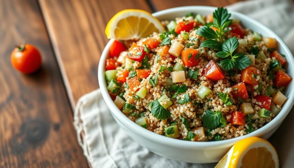 High-resolution, hyper-realistic image of a Mediterranean quinoa salad, featuring a fresh tabbouleh-style composition with a vibrant mix of quinoa, chopped parsley, mint leaves, diced tomatoes, cucumbers, and lemon wedges. The salad is arranged artfully in a white ceramic bowl, positioned on a wood table with a linen tablecloth. Soft, natural lighting casts a warm, Mediterranean glow, highlighting the vibrant colors and textures of the ingredients. The overall scene conveys a sense of freshness, health, and the flavors of the Mediterranean region.