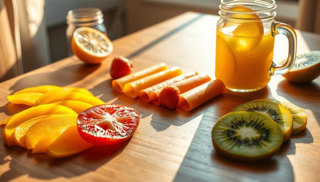 Homemade fruit roll-ups laid out on a wooden table, bathed in warm, golden sunlight. Vibrant slices of ripe mango, strawberry, and kiwi arranged in an appetizing display. A vintage glass jar filled with fresh-squeezed citrus juice sits nearby, casting reflections on the smooth tabletop. The scene evokes a cozy, nostalgic atmosphere, reminiscent of simpler childhood days spent making healthy snacks with family. The camera angle is slightly elevated, capturing the textural details of the fruit leather and the rustic elegance of the setting. The overall mood is one of wholesome nourishment and cherished memories. Homemade fruit roll-ups laid out on a wooden table, bathed in warm, golden sunlight. Vibrant slices of ripe mango, strawberry, and kiwi arranged in an appetizing display. A vintage glass jar filled with fresh-squeezed citrus juice sits nearby, casting reflections on the smooth tabletop. The scene evokes a cozy, nostalgic atmosphere, reminiscent of simpler childhood days spent making healthy snacks with family. The camera angle is slightly elevated, capturing the textural details of the fruit leather and the rustic elegance of the setting. The overall mood is one of wholesome nourishment and cherished memories.